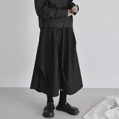 Black Asymmetrical A-Line Midi Skirt - High Waist Plain