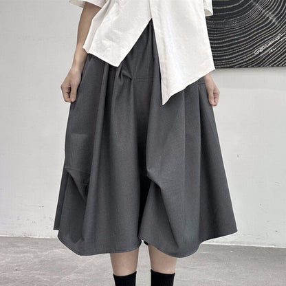 Black Asymmetrical A-Line Midi Skirt - High Waist Plain