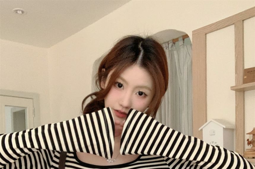 Square Neck Long-Sleeve Striped Tee - Modern Fit