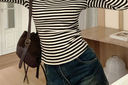 Square Neck Long-Sleeve Striped Tee - Modern Fit