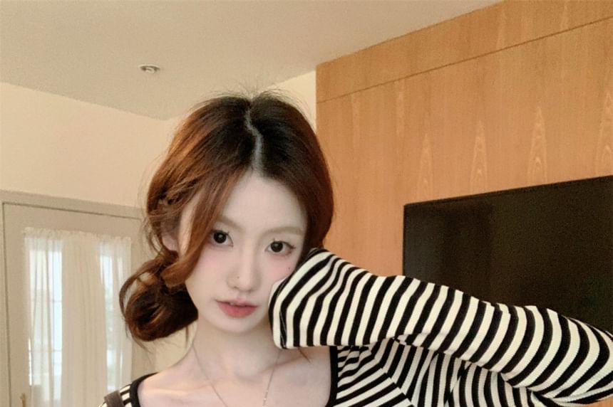 Square Neck Long-Sleeve Striped Tee - Modern Fit