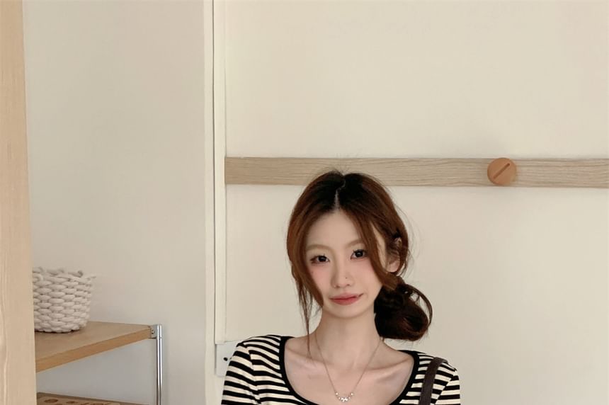 Square Neck Long-Sleeve Striped Tee - Modern Fit