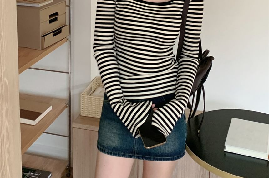 Square Neck Long-Sleeve Striped Tee - Modern Fit