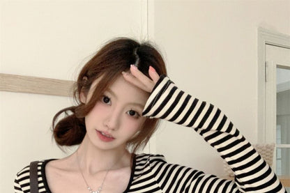 Square Neck Long-Sleeve Striped Tee - Modern Fit