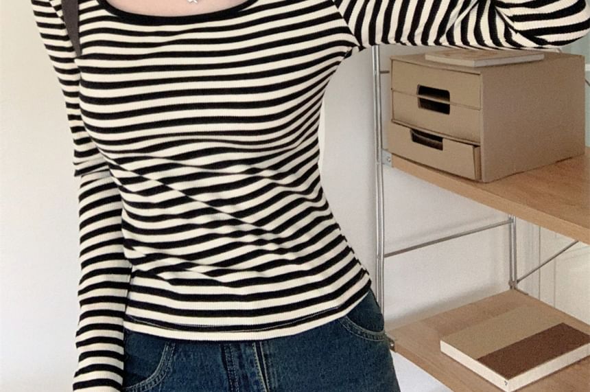 Square Neck Long-Sleeve Striped Tee - Modern Fit
