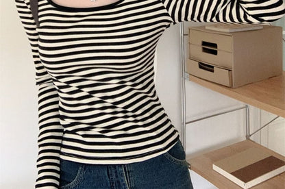 Square Neck Long-Sleeve Striped Tee - Modern Fit