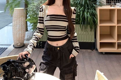 Striped Knit Crop Tube Top with Open Front Shrug Set