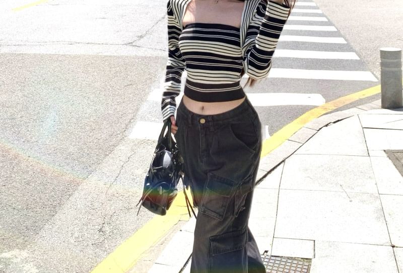 Striped Knit Crop Tube Top with Open Front Shrug Set