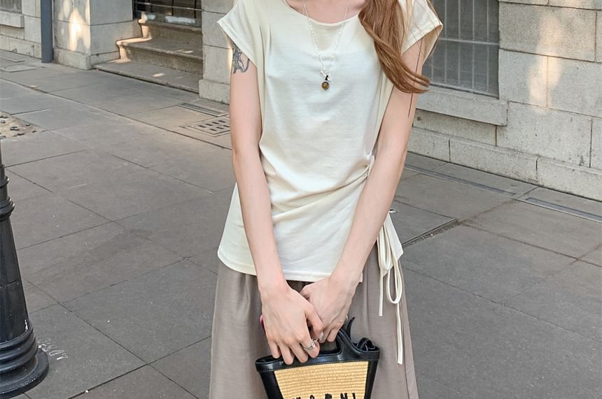 Round Neck Slit Top with Drawstring - French Sleeve