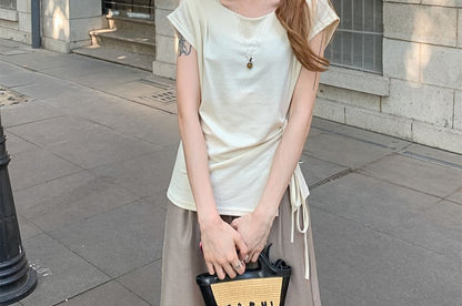 Round Neck Slit Top with Drawstring - French Sleeve