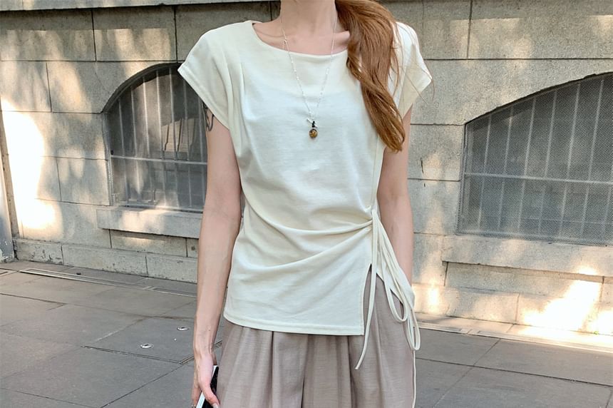 Round Neck Slit Top with Drawstring - French Sleeve