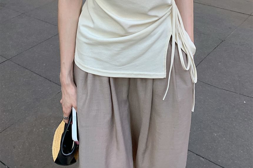 Round Neck Slit Top with Drawstring - French Sleeve