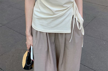 Round Neck Slit Top with Drawstring - French Sleeve