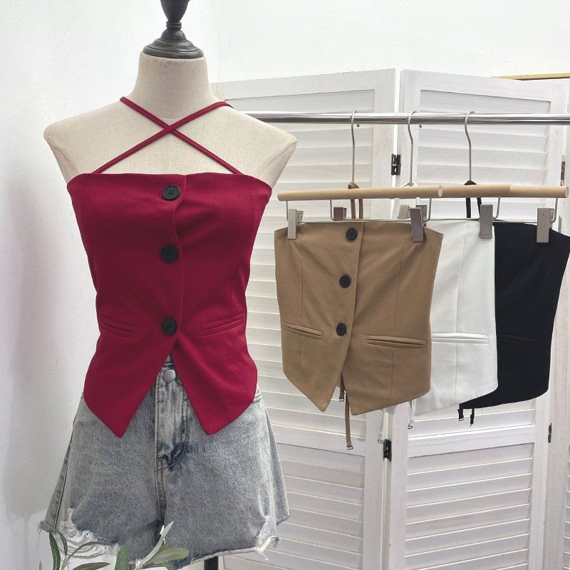 Halter-Neck Button-Up Top with Slit - Chic