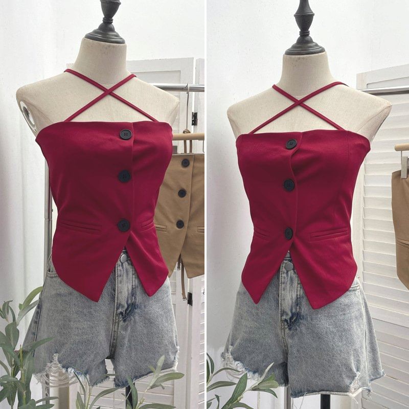 Halter-Neck Button-Up Top with Slit - Chic