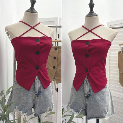 Halter-Neck Button-Up Top with Slit - Chic