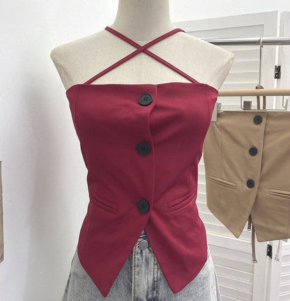 Halter-Neck Button-Up Top with Slit - Chic