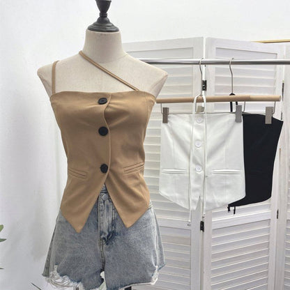 Halter-Neck Button-Up Top with Slit - Chic