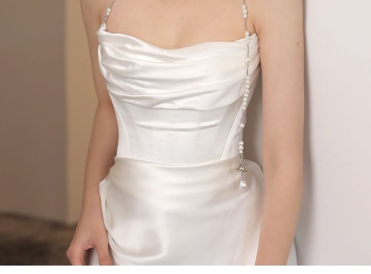 Plain Ruched Satin Sheath Tube Wedding Gown