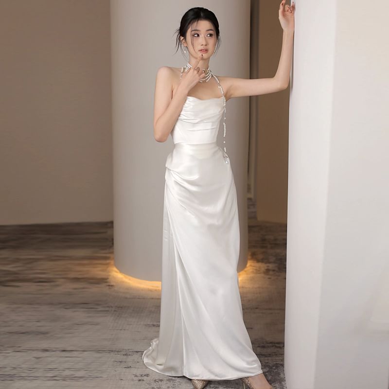 Plain Ruched Satin Sheath Tube Wedding Gown