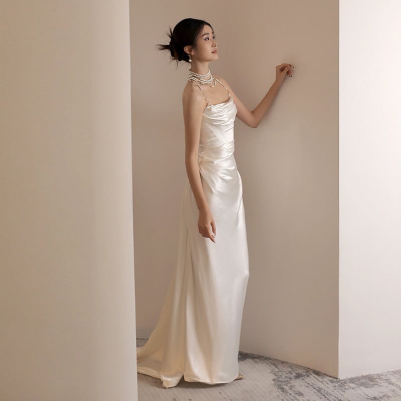 Plain Ruched Satin Sheath Tube Wedding Gown