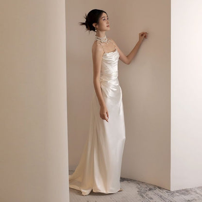 Plain Ruched Satin Sheath Tube Wedding Gown