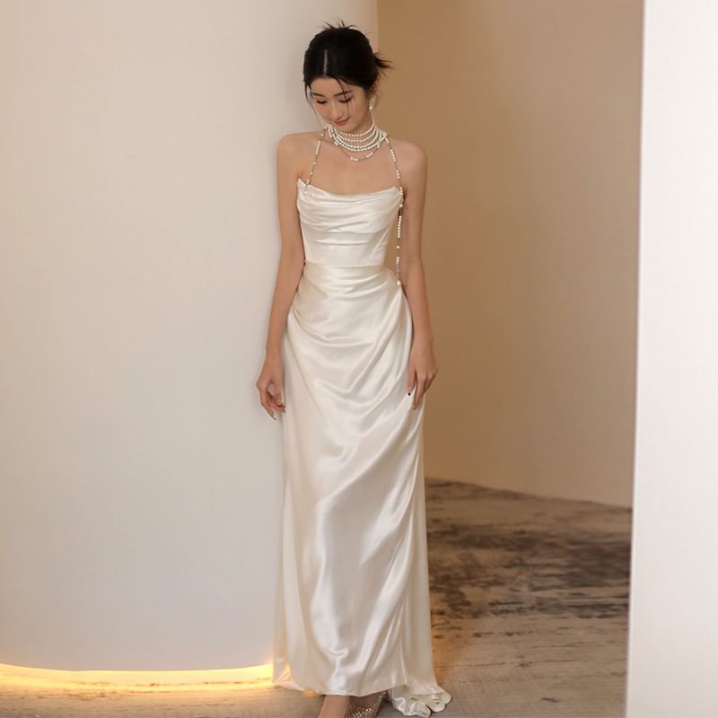 Plain Ruched Satin Sheath Tube Wedding Gown