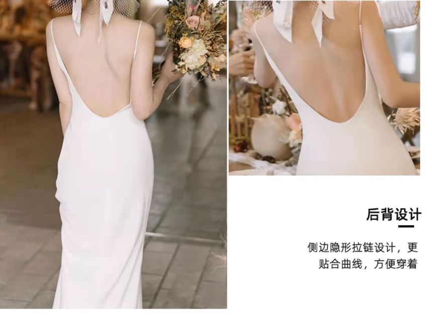 Spaghetti Strap Plain Backless Sheath Wedding Gown