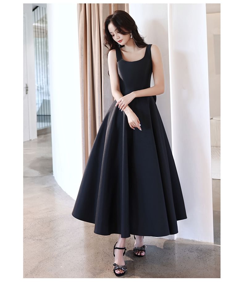 Sleeveless Scoop Neck Plain Bow A-Line Evening Dress