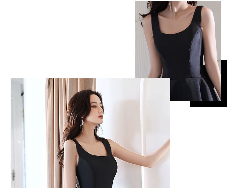 Sleeveless Scoop Neck Plain Bow A-Line Evening Dress