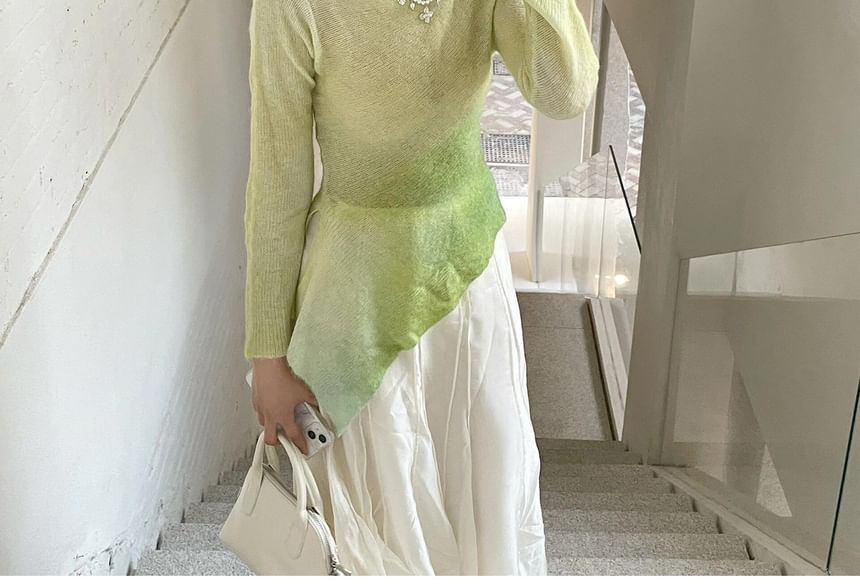 Gradient Knit Top with Boat Neck - Asymmetrical Hem