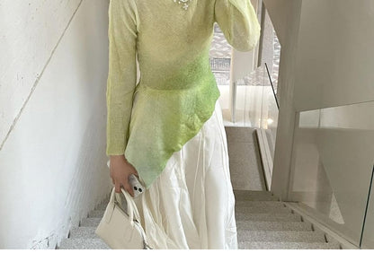 Gradient Knit Top with Boat Neck - Asymmetrical Hem