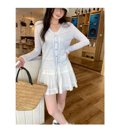 V-Neck Striped Tie Front Light Cardigan