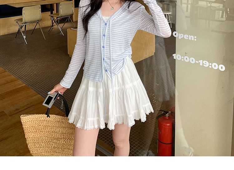 V-Neck Striped Tie Front Light Cardigan