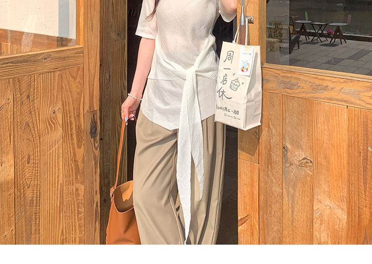 Mock Neck Tie-Up Top with Elbow Sleeves - Elegant