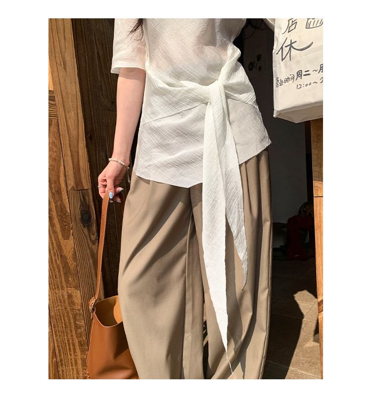 Mock Neck Tie-Up Top with Elbow Sleeves - Elegant