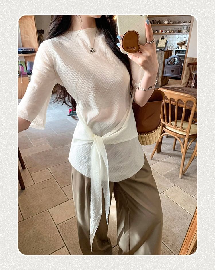 Mock Neck Tie-Up Top with Elbow Sleeves - Elegant