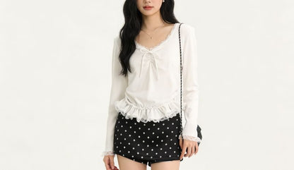 V Neck Tie Front Lace Trim Long Sleeve Top