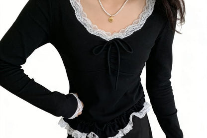 V Neck Tie Front Lace Trim Long Sleeve Top