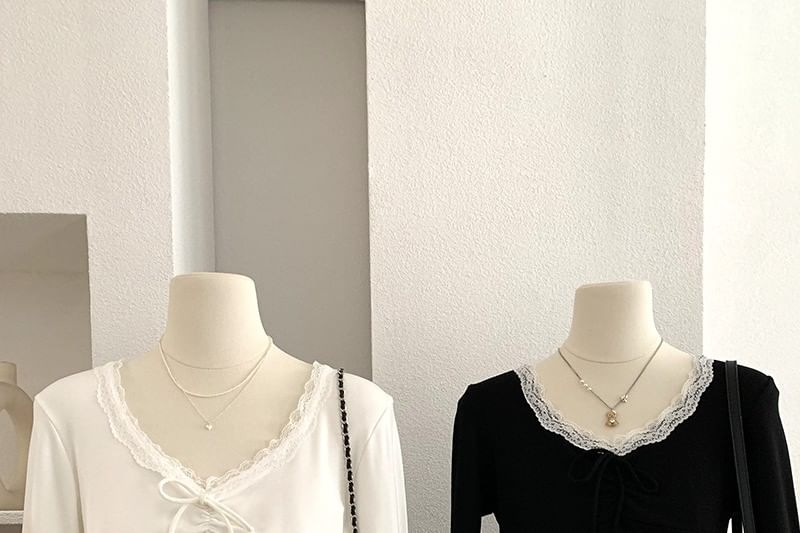 V Neck Tie Front Lace Trim Long Sleeve Top