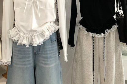 V Neck Tie Front Lace Trim Long Sleeve Top