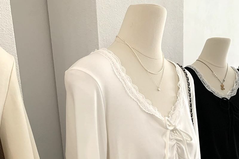 V Neck Tie Front Lace Trim Long Sleeve Top