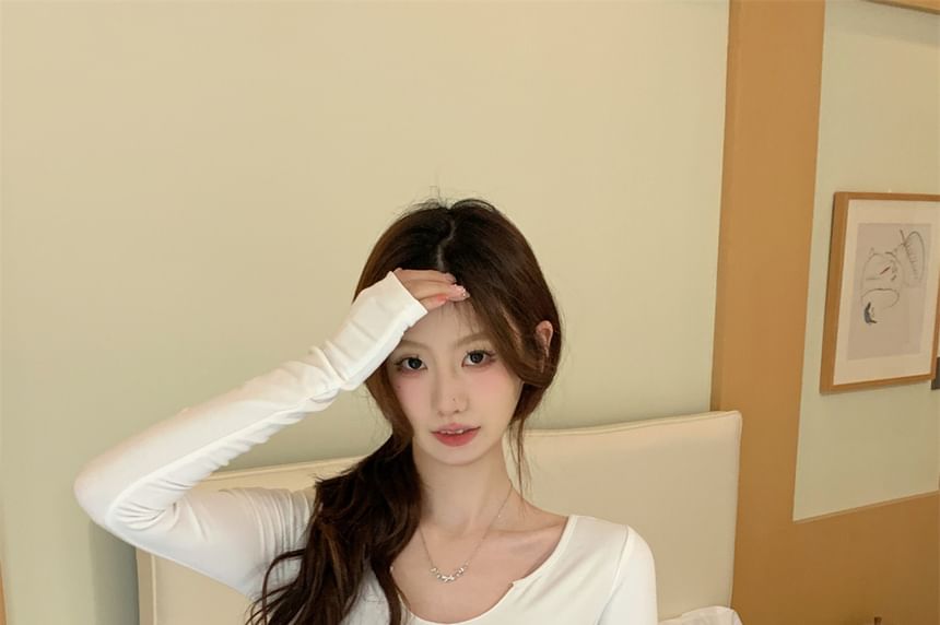 Slim-Fit Notch Neck Long-Sleeve Tee - Solid Color