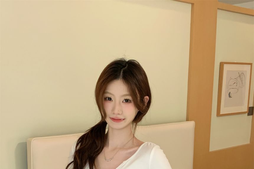 Slim-Fit Notch Neck Long-Sleeve Tee - Solid Color