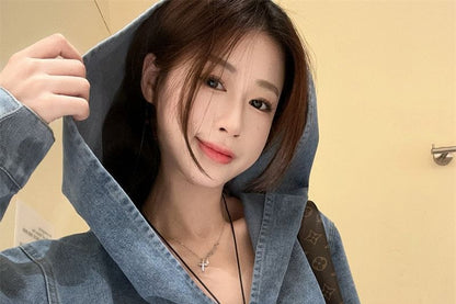Washed Denim Hoodie and Shorts Set
