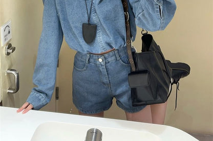 Washed Denim Hoodie and Shorts Set