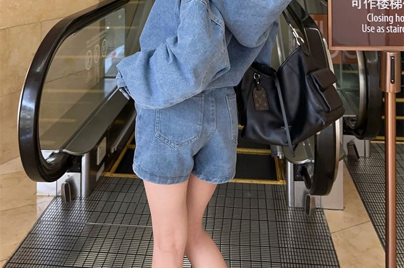 Washed Denim Hoodie and Shorts Set