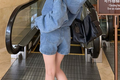 Washed Denim Hoodie and Shorts Set