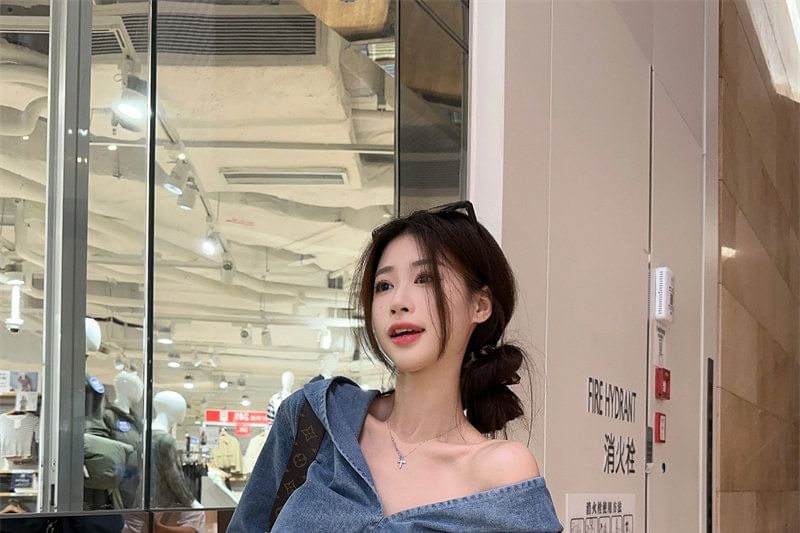 Washed Denim Hoodie and Shorts Set