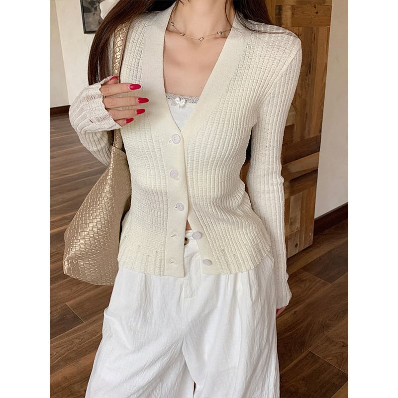 V-Neck Distressed Button-Up Plain Cardigan